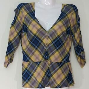 Express Yellow & Blue Plaid V-Neck Button Peplum Top Small‎ NWT Preppy Academia